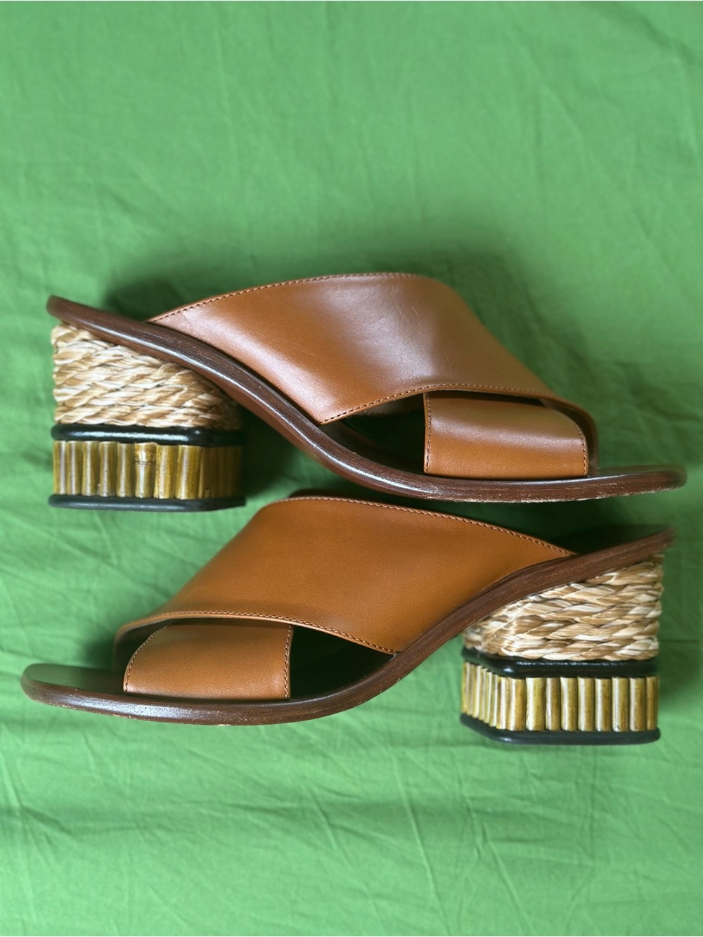 Chloe Cognac Leather Crisscross Slide Sandals with Braided Rope Heel